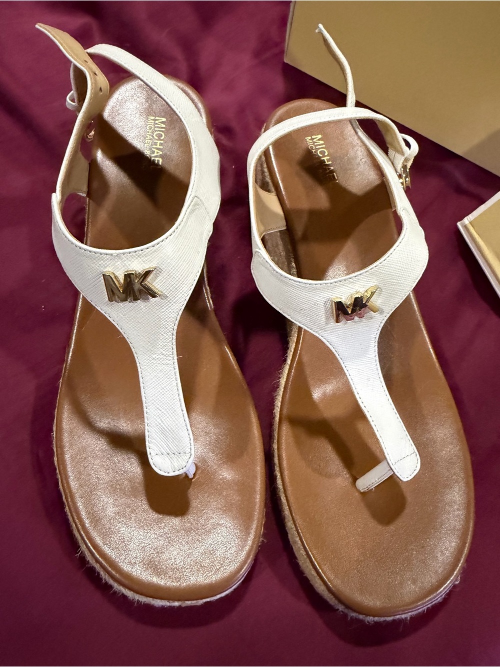 Michael Kors White Leather MK Logo T-Strap Sandals